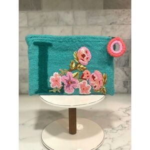 Jenny Krauss Teal Embroidered Floral‎ Wool Pouch